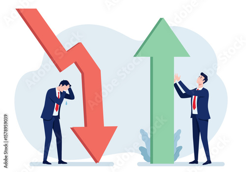 Analyzing the Divergent Paths of Economic Performance Illustrating Financial Trends and Market Dynamics Through Upward and Downward Arrows with Business Professionals Representing Contrasting Outcomes