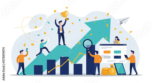 Achieving business growth and success through data analysis and strategic planning with team collaboration and digital tools for financial gains and market achievement