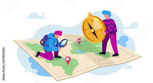 Two people are exploring a large world map with a compass and magnifying glass planning a new travel adventure together