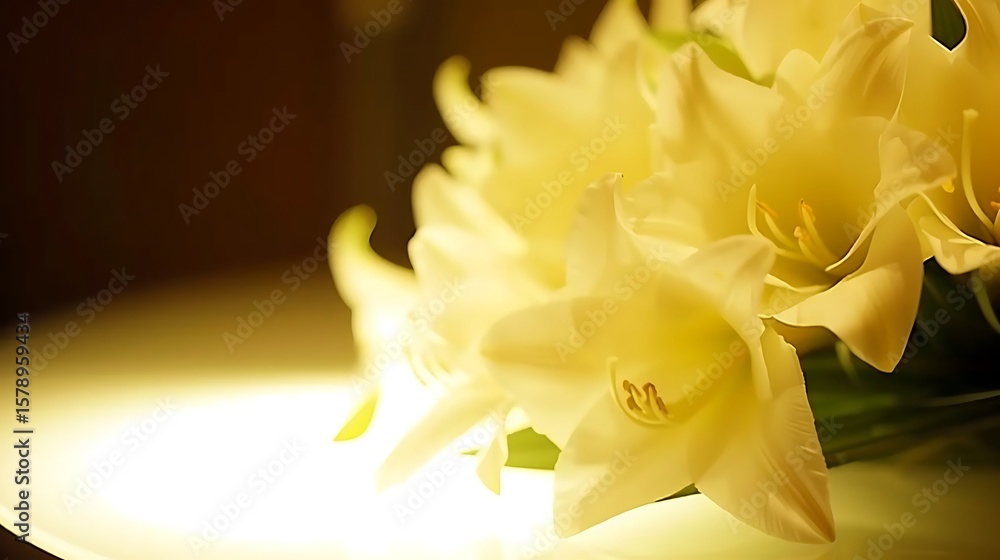 Luminous lily blossoms glow warmly on a reflective surface creating a peaceful ambiance Luminous lily blossoms glow warmly on a reflective surface creating a peaceful ambiance