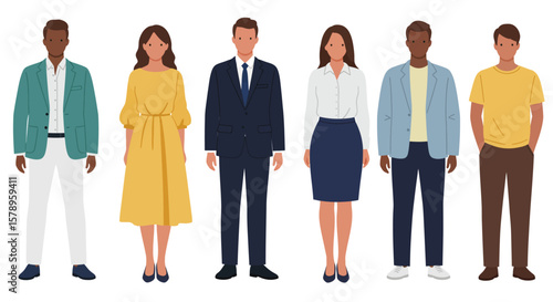 Diverse group of five people standing in a line showcasing different professional and casual attire against a white background highlighting individual styles and fashion choices