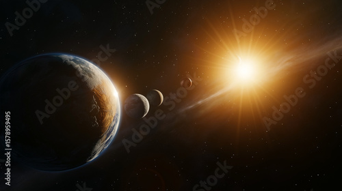 Planets and sun aligned in deep space with glowing light