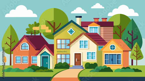 Charming suburban neighborhood with colorful houses and lush green trees