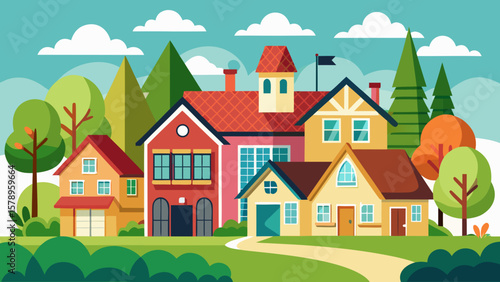 Charming village scene with colorful houses and trees under a blue sky