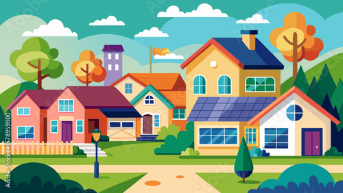 Colorful suburban neighborhood with diverse houses and green trees under a blue sky