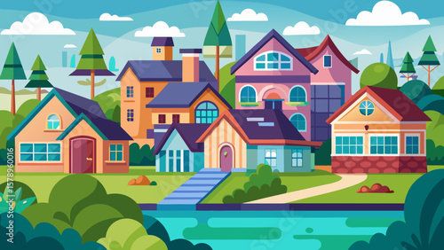 Charming cartoon houses nestled beside a tranquil blue lake with lush green trees