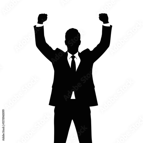 Business Silhouette: A silhouette of a suited individual with arms raised in triumph, set against a clean, uncluttered background, capturing the essence of success and achievement.