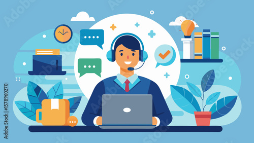 Customer service representative with headset and laptop providing online support