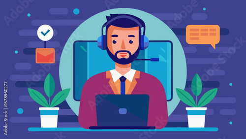 Customer service representative with headset and laptop providing support