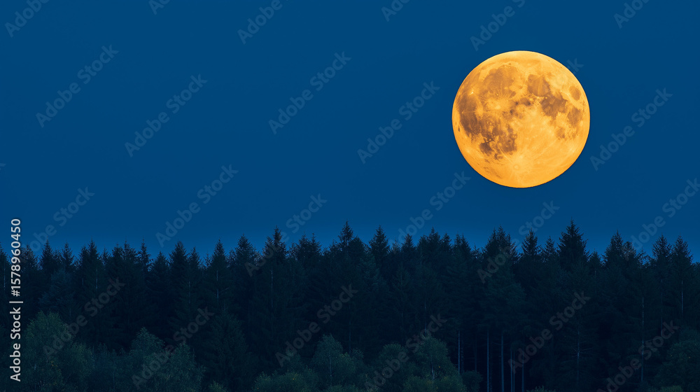 Fototapeta premium Full golden moon above forest under deep blue sky