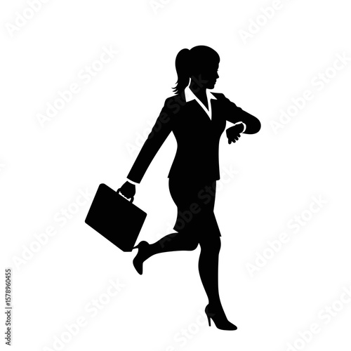 Businesswoman Silhouette: A dynamic silhouette of a businesswoman, briefcase in hand, strides purposefully with a glance at her watch, conveying a sense of urgency and ambition.