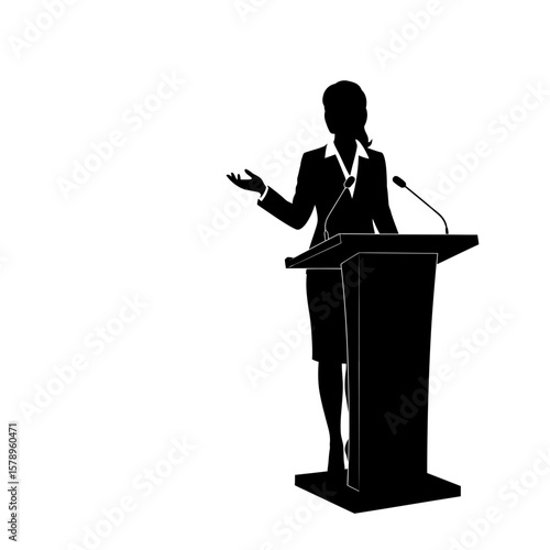 Silhouette of a Business Speaker: A stylized silhouette of a woman confidently addressing an audience from a podium, ideal for illustrating leadership, communication, and public speaking concepts.