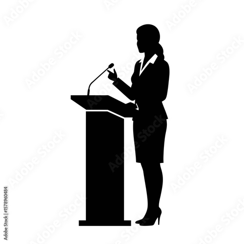 Silhouette of a Public Speaker: A stark, graphic silhouette of a poised speaker at a podium, engaged in the act of public speaking, conveying authority and the art of communication.