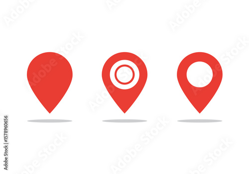 A collection of three modern red geolocation pins representing various location marking concepts and navigation aids