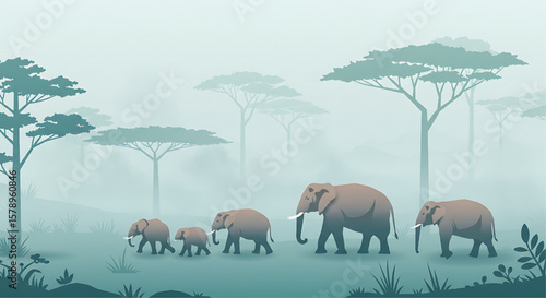 A family of elephants walking in a line through a misty African savanna landscape with trees and vegetation.