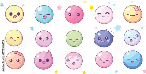 Kawaii Emoticons Seamless Pattern with Cute Faces and Pastel Colors
