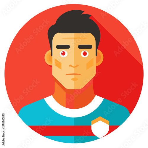 Stylized flat design portrait of a serious soccer player in a blue and red jersey