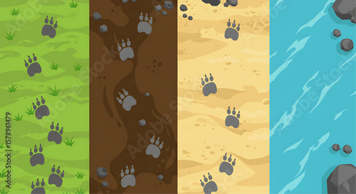 Bear paw prints trail across diverse terrains: grass, mud, sand, and water.