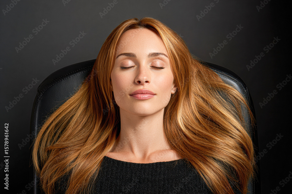 Fototapeta premium A serene woman with long blonde hair reclines with closed eyes, exuding calmness and relaxation against a dark background.