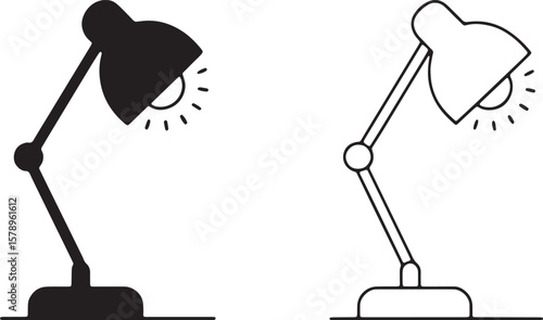 Desk Lamps Vector Icons, Modern Office And Study Lighting, Adjustable Table Lamp Graphics, Home Workspace Illumination, Black And Outline Styles