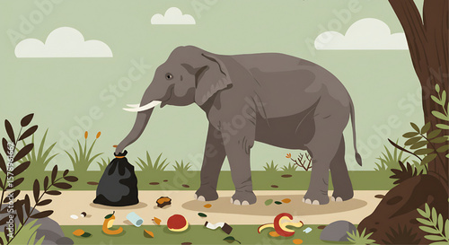 An elephant picking up trash, promoting environmental awareness and conservation.