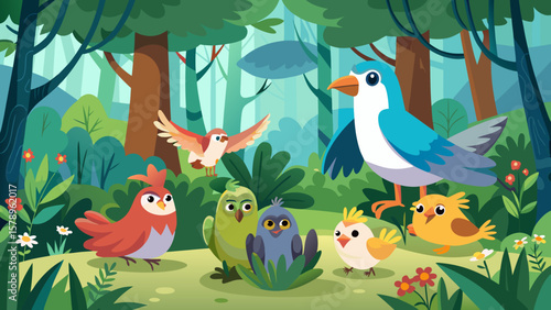 Wallpaper Mural Charming cartoon birds gather in a lush green forest with colorful flowers Torontodigital.ca
