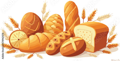 Create a kinds of deferent 3D Bread product with wheat ears set vector art with white background.