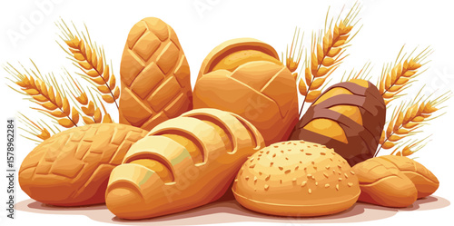 Create a kinds of deferent 3D Bread product with wheat ears set vector art with white background.