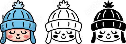 Cute winter hat vector illustration set in color outline and solid styles for graphic design projects