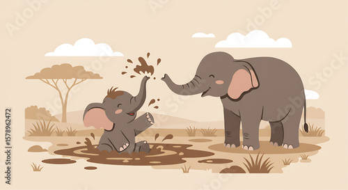 Two playful elephants, a mother and calf, frolic in a muddy puddle, splashing each other.