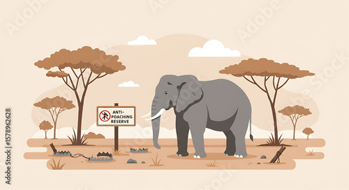 African elephant in a savanna with a warning sign about prohibited activities.
