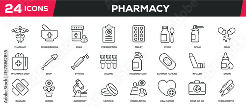 Set of collection line icons related pharmacy, medicine, medical. Editable stroke. Perfect pixel on transparent background