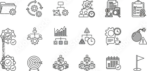 Collection of business management and planning icons in line style