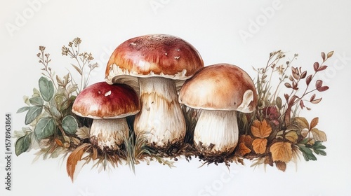 Artistic watercolor illustration of edible mushrooms with natural elements
