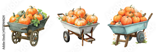 Watercolor set of wheelbarrows with pumpkins. Autumn farm and village harvest of pumpkins in a wheelbarrow. Autumn elements for harvest, autumn designs, Thanksgiving Day, etc. Vector illustration.
