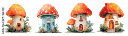 Watercolor set of cute mushroom houses. Forest fantasy houses in the shape of a mushroom. Concept of fairy-tale forest houses. Natural autumn elements for children's designs. Vector illustration.