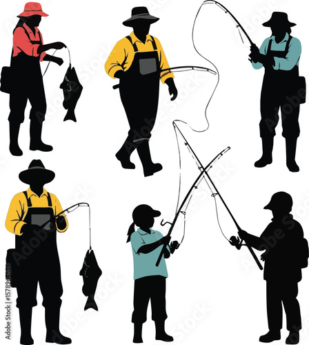 Create a kinds of deferent Fisher silhouette vector art with white background.