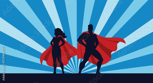 A dynamic silhouette of a superhero couple with flowing capes against a blue radial background, symbolizing power, strength, and heroic action