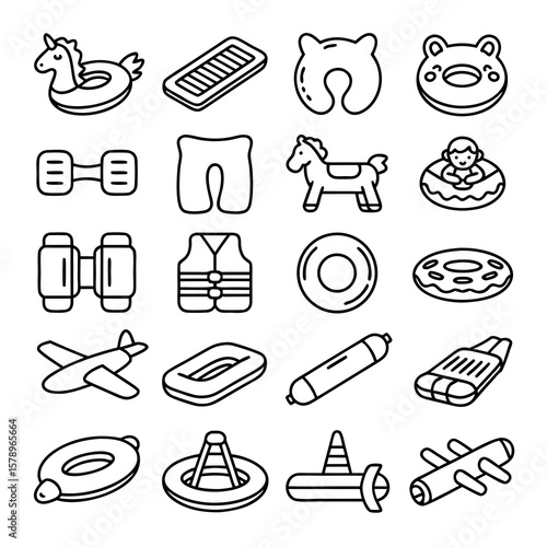 Collection of outline icons depicting various inflatable pool toys and swimming accessories, including a unicorn float, life vest, and airplane.