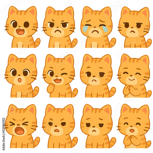 Collection of Pixel Art Orange Tabby Cat Emoticons on Transparent Background with various emotion and expressions