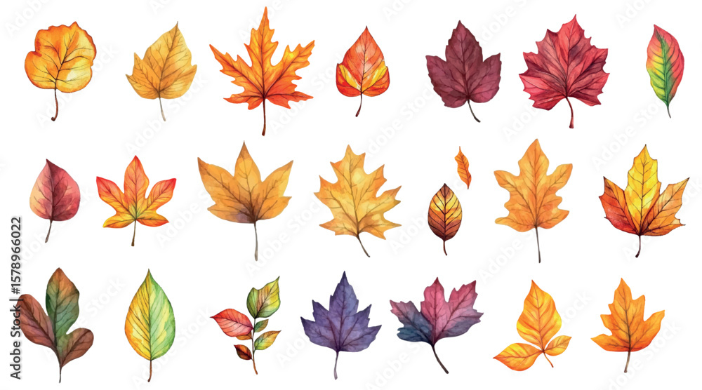 Fototapeta premium Set of autumn leaves watercolor png. Orange,red,brown and green leaves with dere in autumn season. Natural element of October and November. Elements for autumn designs,Back to School,Halloween.