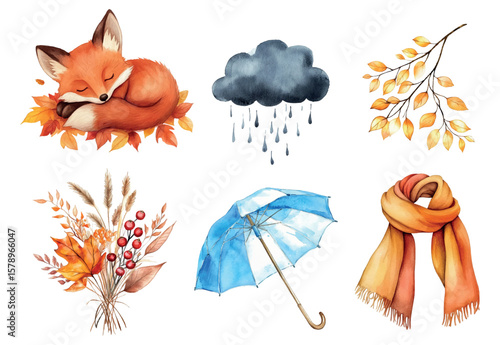 Watercolor set of autumn cliparts. Cute fox sleeping in autumn leaves, scarf, umbrella, branch with golden leaves and rain cloud. Cozy autumn watercolor elements for autumn designs. 