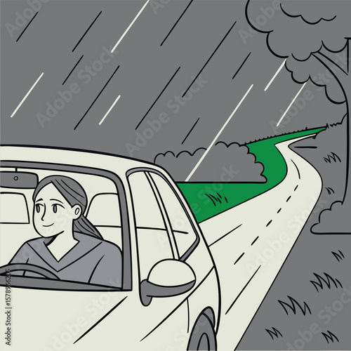 Night Rain Driving Woman Vector