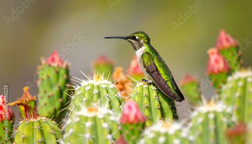 A tiny hummingbird perched on a prickly pear cactus