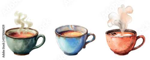 Watercolor set of cups with hot drink. Cute ceramic cups with tea. coffee and other hot drinks with steam. Concept of warming drinks for cafe, coffee shop, restaurant and home. Vector illustration.