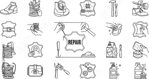 Leather and shoe repair service icon set featuring restoration, customization and maintenance tools. Footwear care, bag repair, handcraft, buckle and leathercraft process vector