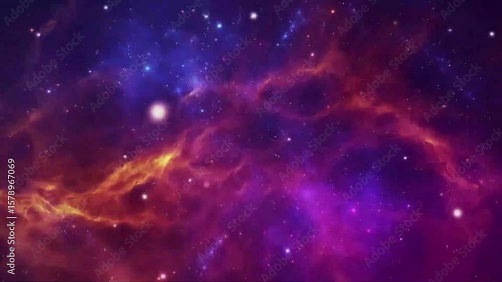 A vibrant and colorful nebula with swirling clouds of purple, red, orange, and blue hues, speckled with bright white stars. A vibrant and colorful nebula with swirling clouds of purple, red, orange, and blue hues, speckled with bright white stars.