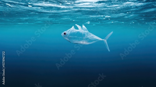 Plastic bag floating in the ocean shaped like a fish surrounded by marine debris and pollution concept of environmental damage ocean plastic waste ecological awareness for conservation design