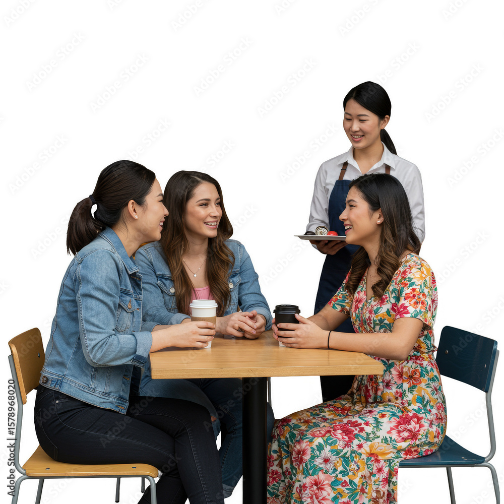 Obraz premium Transparent PNG Group Women Talking at Cafe with Waitress Serving