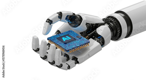 Illustration Robot Hand Holding AI Chip, Artificial Intelligence Future